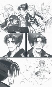 2girls 5boys alisa_boskonovich autumnsacura black_hair blush closed_eyes constricted_pupils crying fingerless_gloves gloves happy height_difference highres hug hwoarang_(tekken) jacket kazama_jin lars_alexandersson lee_chaolan ling_xiaoyu lipstick makeup miguel_caballero_rojo monochrome multiple_boys multiple_girls namco nervous open_mouth pointy_hair smile surprised sweat tears tekken thumbs_up twintails wide-eyed yaoi