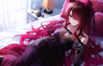 Rule 34 | android, blush, cleavage cutout, clothing cutout, commentary, curtains, desk lamp, dress, gown, gradient hair, heart, heart-shaped pillow, highres, hololive, lamp, long hair, looking at viewer, lying, mechanical arms, mechanical hands, mechanical legs, multicolored hair, on back, on bed, one eye covered, pillow, red ribbon, ribbon, roboco-san, robosaa (roboco), smile, star-ring, sunlight, symbol-only commentary, virtual youtuber, yellow eyes