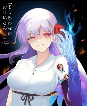 1girl absurdres blue_fire body_markings breasts burning_clothes colored_inner_hair colored_skin corruption dark_persona dress fate/grand_order fate/stay_night fate_(series) fire gradient_skin hair_ribbon heaven&#039;s_feel highres kama_(adult)_(fate) kama_(fate) large_breasts long_hair looking_at_viewer matou_sakura multicolored_hair purple_eyes purple_hair pyrokinesis red_eyes red_ribbon ribbon smile solo starry_hair tetranort white_hair