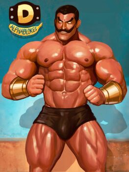 Rule 34 | 1boy, abs, armlet, bara, black hair, bulge, clenched hands, darun mister, facial hair, forehead jewel, gold armlet, iblokes, jewelry, long mustache, muscular, muscular male, mustache, no pupils, non-web source, pectorals, shadow, street fighter, street fighter ex (series), thick eyebrows, very long mustache, wrestling outfit