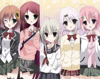 Rule 34 | 2000s (style), 5girls, :o, ;d, adapted costume, ahoge, akabane youko, akabane youko (1st costume), animal ear legwear, animal hood, black jacket, black ribbon, black sailor collar, black skirt, black sleeves, black thighhighs, black trim, blazer, blonde hair, blunt bangs, blush, bow, bowtie, cardigan, cat ear legwear, collared shirt, colored inner hair, column lineup, cowboy shot, fang, faux retro artstyle, floating clothes, flower, ghost hair ornament, gradient background, green skirt, grey eyes, hair between eyes, hair flower, hair ornament, hair ribbon, hairclip, hand on own face, head tilt, holding, honma himawari, honma himawari (1st costume), hood, hoodie, jacket, jpeg artifacts on purpose, lapels, long hair, long sleeves, looking at viewer, low ponytail, makaino ririmu, makaino ririmu (4th costume), medium hair, miniskirt, mole, mole under eye, multicolored hair, multiple girls, neckerchief, nijisanji, notched lapels, one eye closed, open clothes, open collar, open jacket, open mouth, orange hair, p8vpdb, panda hood, parted bangs, partially unbuttoned, pink background, pink bow, pink bowtie, pink cardigan, pink eyes, pink hair, pink shirt, plaid bow, plaid bowtie, plaid clothes, plaid skirt, pleated skirt, ponytail, red bow, red bowtie, red hair, red neckerchief, red ribbon, red skirt, ribbon, sailor collar, sasaki saku, sasaki saku (1st costume), school uniform, serafuku, shiina yuika, shiina yuika (1st costume), shirt, short hair, sidelocks, skin fang, skirt, smile, sparkle, straight hair, striped background, sunflower, sunflower hair ornament, thighhighs, two-tone hoodie, untucked shirt, vertical-striped background, virtual youtuber, white hoodie, white shirt, white streaks, wing collar, yellow background, yellow cardigan, zettai ryouiki