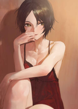 1girl dress hayami_kanade idolmaster lace_trim modare open_clothes red_dress short_hair sitting smile solo yellow_eyes