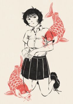 1girl absurdres animal black_eyes black_hair carp collared_shirt commentary fish full_body heidi_(heytherenrds) highres kneeling looking_to_the_side madeline_(heytherenrds) original pleated_skirt shirt shirt_tucked_in short_hair short_sleeves skirt solo symbol-only_commentary