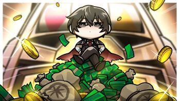 1boy black_coat black_eyes black_hair black_pants black_shoes chibi coat coin commentary_request crossed_bangs crossed_legs e.g.o_gift_(project_moon) floating floating_object from_below hair_between_eyes hands_on_own_hips lapels limbus_company looking_at_viewer money notched_lapels pants pile_of_money project_moon red_coat shirt shoes short_hair sitting slot_machine suguri_1150615 white_shirt yi_sang_(project_moon)