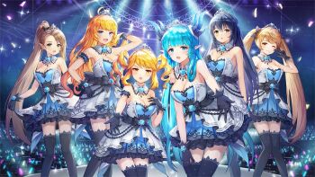 6+girls ahoge aisha_(king&#039;s_raid) artemia_(king&#039;s_raid) artist_request audience back_bow beads black_dress black_gloves black_horns black_ribbon black_thighhighs blonde_hair blue_dress blue_eyes blue_gemstone blue_hair bow breasts brooch brown_eyes brown_hair cleavage colored_petticoat commentary commentary_request concert confetti dragon_girl dragon_horns dress dress_ribbon drill_hair elf english_commentary gem gloves glowstick green_eyes grey_dress hair_bow hand_in_own_hair hand_on_own_chest hand_on_own_knee hand_up horns idol idol_clothes jewelry king&#039;s_raid korean_commentary laias_(king&#039;s_raid) large_breasts layered_dress long_hair long_sidelocks looking_at_viewer mediana medium_breasts medium_hair mixed-language_commentary multicolored_dress multiple_girls official_alternate_costume official_art one_eye_closed open_mouth penlight_(glowstick) pointy_ears ponytail reaching reaching_towards_viewer reina_(king&#039;s_raid) ribbon second-party_source selene_(king&#039;s_raid) short_dress sidelocks skirt_hold smile sparkle stage stage_lights straight_hair thighhighs tiara twin_drills twintails v very_long_hair waist_ribbon wavy_hair yellow_eyes