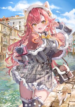 1girl :3 :d absurdres ahoge animal_ear_headwear bag beret blue_sky braid camera canal capelet cat choker cloud copyright_name crossed_bangs day earrings fake_animal_ears fang frilled_skirt frills fur-trimmed_capelet fur-trimmed_thighhighs fur_trim gradient_hair grey_shirt grey_skirt grey_thighhighs hand_up hat highres holding holding_camera jewelry long_hair long_sleeves looking_at_viewer miniskirt momoko_(momopoco) multicolored_hair nekota_tsuna official_art open_mouth orange_hair outdoors pom_pom_(clothes) pom_pom_earrings red_capelet red_hair ribbon_choker sample_watermark second-party_source shirt shirt_tucked_in shoulder_bag side_braid sidelocks skirt sky smile solo thighhighs venice virtual_youtuber vspo! watermark white_hat