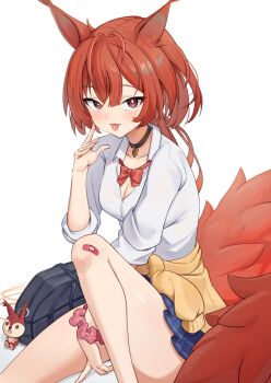1girl ajidot alternate_costume animal_ears arknights bag bandaid bandaid_on_leg blue_skirt breasts character_charm charm_(object) cleavage clothes_around_waist commentary_request flametail_(arknights) highres korean_commentary long_hair looking_at_viewer red_eyes red_hair red_tail school_bag school_uniform shirt simple_background skirt small_breasts solo squirrel_ears squirrel_girl squirrel_tail sweater sweater_around_waist tail thighs tongue tongue_out white_background white_shirt yellow_sweater