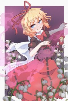 Rule 34 | 2girls, absurdres, black shirt, black skirt, blonde hair, blue eyes, blush, bow, breasts, closed mouth, flower, frilled shirt, frilled shirt collar, frilled sleeves, frills, highres, lily of the valley, medicine melancholy, medium breasts, mini person, minigirl, multiple girls, poison, puffy short sleeves, puffy sleeves, red bow, red ribbon, red shirt, red skirt, ribbon, shirt, short hair, short sleeves, skirt, su-san, touhou, yet you