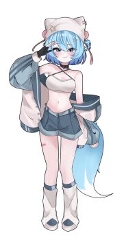 :3 absurdres artist_request bare_shoulders beanie black_choker black_gloves blue_eyes blue_hair blue_shorts breasts check_artist choker cleavage closed_mouth commentary_request criss-cross_halter crop_top fang full_body gloves hair_ornament halterneck hand_up hat highres jacket kneehighs korean_commentary large_breasts looking_at_viewer midriff navel off_shoulder one_side_up open_clothes open_jacket original partially_fingerless_gloves raised_eyebrow saho_4545 salute second-party_source seha_star shirt short_hair short_shorts shorts simple_background sleeveless sleeveless_shirt smile socks spaghetti_strap star_(symbol) star_hair_ornament stomach tail thighs white_background white_hat white_jacket white_shirt white_socks