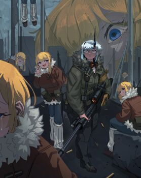 Rule 34 | 6+girls, absurdres, armband, belt pouch, bendit, black pants, blonde hair, blue eyes, blue hair, brown jacket, bullet hole, city, clone, closed eyes, constricted pupils, crying, fur-trimmed jacket, fur trim, giant, giantess, goggles, goggles around neck, green jacket, gun, hanged, highres, holding, holding gun, holding weapon, horns, jacket, mole, mole under eye, multiple girls, open mouth, original, outdoors, pants, pouch, rifle, shell casing, shoes, single horn, sitting, smile, sniper rifle, standing, surreal, tears, toggles, weapon