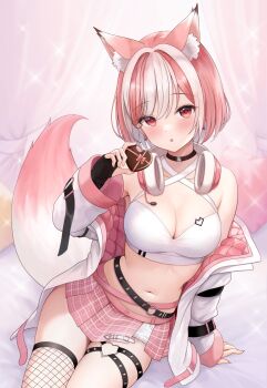 1girl absurdres animal_ear_fluff animal_ears arm_support armpits bare_shoulders belt black_choker black_gloves blush breasts candy chocolate chocolate_heart choker cleavage commentary_request criss-cross_halter crop_top cutoffs down_jacket extra_ears fingerless_gloves fishnet_thighhighs fishnets food fox_ears fox_girl fox_tail gloves halterneck hand_up headphones headphones_around_neck heart heart-shaped_food highres indie_virtual_youtuber jacket kagura_ura kirifrog large_breasts long_sleeves looking_at_viewer micro_shorts midriff miniskirt multicolored_hair navel off_shoulder open_clothes open_jacket parted_lips pink_hair pink_skirt plaid_clothes plaid_skirt pleated_skirt red_eyes second-party_source shirt short_hair shorts shorts_under_skirt side_slit single_thighhigh sitting skindentation skirt sleeveless sleeveless_shirt solo stomach tail thigh_strap thighhighs thighs two-tone_hair virtual_youtuber white_jacket white_shirt white_shorts