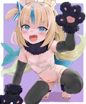 1girl animal_ear_fluff animal_ears animal_hands black_thighhighs blonde_hair blue_eyes blue_hair elbow_gloves esearu flat_chest gloves highres indie_virtual_youtuber loli looking_at_viewer multicolored_hair open_mouth paw_gloves pawpads sameko_saba solo tail thighhighs toenails virtual_youtuber