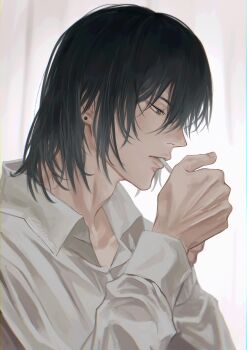 Rule 34 | 1boy, absurdres, adam's apple, black hair, chainsaw man, cigarette, collared shirt, commentary, earrings, english commentary, hair down, hayakawa aki, highres, jewelry, lighting cigarette, long sleeves, male focus, ndsoda, shirt, short hair, simple background, smoking, solo, upper body, white background, white shirt