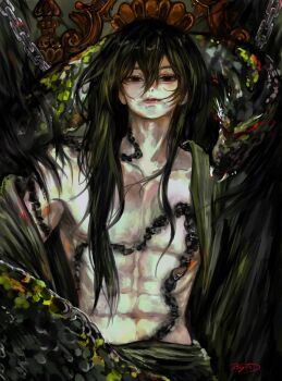 1boy abs black_eyes black_robe chain chest_markings creature expressionless fangs hair_between_eyes hair_over_shoulder highres kyta_5 leaning_back long_hair looking_at_viewer male_focus pectorals robe robe_partially_removed shadow_slave snake solo sunny_(shadow_slave) toned toned_male very_long_hair