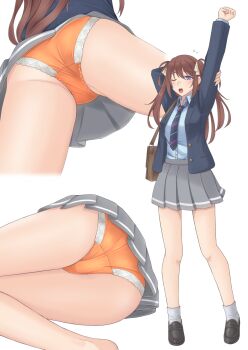 1girl arm_behind_head arm_up ass bare_legs black_footwear blazer blue_jacket blue_necktie blue_shirt briefcase brown_hair commentary crotch_seam dress_shirt from_below grey_skirt hair_ribbon highres jacket loafers long_hair looking_at_viewer lying miniskirt multiple_views necktie on_side one_eye_closed open_clothes open_jacket open_mouth orange_panties original panties pleated_skirt purple_eyes rei_(09991) ribbon school_briefcase school_uniform shirt shoes simple_background skirt socks standing stretching thighs twintails two_side_up underwear upskirt white_background white_ribbon white_socks wing_collar