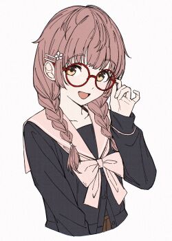 Rule 34 | 1girl, bespectacled, black shirt, bow, bowtie, braid, brown hair, collarbone, cropped legs, glasses, highres, idolmaster, idolmaster shiny colors, ikuta haruki, long hair, long sleeves, looking at viewer, official alternate costume, official alternate hairstyle, qaqyes re, red-framed eyewear, round eyewear, sailor collar, school uniform, serafuku, shirt, simple background, smile, solo, twin braids, upper body, white background, white bow, white bowtie, white sailor collar