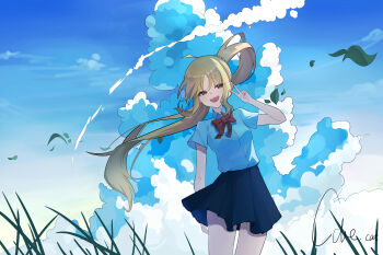 1girl :d absurdres artist_name black_skirt blonde_hair blue_sky bocchi_the_rock! bow bowtie braid choppy_bangs cloud coke_cat_(user_jkus8755) collared_shirt commentary_request cowboy_shot day falling_leaves floating_hair hand_up highres ijichi_nijika leaf long_hair looking_back miniskirt open_mouth outdoors red_bow red_bowtie red_eyes school_uniform shimokitazawa_high_school_uniform shirt short_sleeves side_ponytail side_ponytail_with_braided_base signature skirt sky smile solo standing summer summer_uniform v very_long_hair white_shirt wing_collar