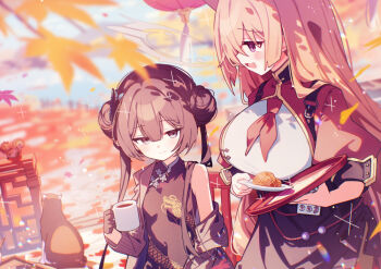 Rule 34 | 2girls, :d, autumn, autumn leaves, black dress, black gloves, black hair, blonde hair, blue archive, blurry, blurry foreground, blush, breasts, brown eyes, closed mouth, commentary request, cup, day, double-parted bangs, dress, gloves, hair between eyes, holding, holding cup, holding plate, kasuga haruhi, kisaki (blue archive), large breasts, leaf, long hair, multiple girls, neckerchief, open mouth, outdoors, plate, red eyes, red neckerchief, rumi (blue archive), shirt, sleeveless, sleeveless dress, smile, upper body, white shirt