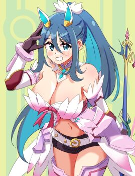 1girl absurdres bare_shoulders belt black_shorts blue_eyes blue_hair breasts cleavage commentary_request detached_sleeves ereka fire_emblem gloves hair_between_eyes hair_ornament highres holding holding_polearm holding_weapon large_breasts looking_at_viewer navel nintendo oribe_tsubasa polearm ponytail short_shorts shorts smile solo teeth tokyo_mirage_sessions_fe weapon white_belt