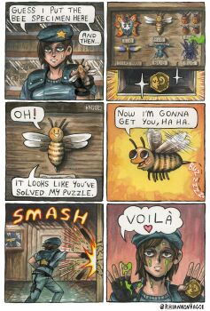 1girl absurdres bee beret black_gloves blue_eyes blue_hat blue_shirt bug commentary english_commentary fingerless_gloves gen_5_pokemon gloves hat highres insect jill_valentine nintendo pokemon pokemon_(creature) punching resident_evil resident_evil_1 rhiannon_kagoe shirt shoulder_pads sparkle sparx_(spyro) speech_bubble spyro_(series) volcarona