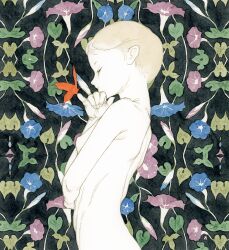 Rule 34 | 1girl, blonde hair, breasts, bug, butterfly, colored skin, floral background, flower, half-closed eyes, insect, kishi takuya, leaf, looking at viewer, morning glory, nipples, nude, original, painting (medium), petite, profile, short hair, skinny, small breasts, traditional media, upper body, watercolor (medium), white skin