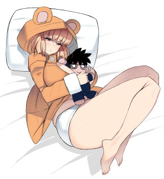 1girl absurdres alternate_costume animal_ears animal_hood arcueid_brunestud bare_legs barefoot bear_ears bear_hood between_breasts black_hair blonde_hair blush breasts brown_hoodie commission fake_animal_ears glasses highres holding holding_stuffed_toy hood hoodie huge_breasts kouno_(masao) large_breasts nail_polish on_bed open_clothes open_hoodie panties pillow short_hair skeb_commission solo stuffed_animal stuffed_toy thick_thighs thighs tohno_shiki tsukihime underwear wavy_hair white_panties
