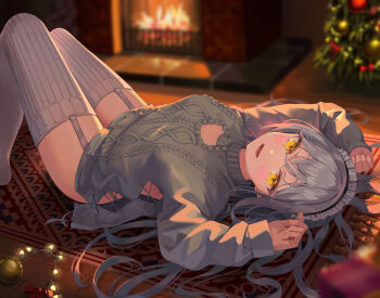 1girl akie_(44265104) arms_up blurry blush box breasts carpet christmas christmas_lights christmas_ornaments christmas_present christmas_tree cleavage_cutout clothing_cutout commentary_request cross-laced_slit depth_of_field fireplace frilled_headwear garter_straps gift gift_box grey_sweater grey_thighhighs indoors knees_up knit_sweater long_sleeves looking_at_viewer lower_teeth_only lying maid_headdress on_back on_floor open_mouth original rug sleeves_past_wrists small_breasts smile solo sweater teeth thighhighs thighs white-haired_girl_(akie) white_hair white_headdress yellow_eyes