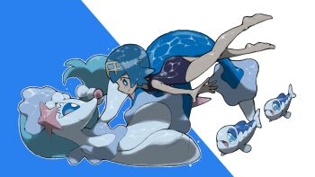 1girl barefoot blacknirrow blue_eyes blue_hair blue_one-piece_swimsuit bright_pupils closed_mouth commentary fish full_body gen_7_pokemon hairband highres lana_(pokemon) nintendo no_sclera one-piece_swimsuit open_mouth outline pokemon pokemon_(creature) pokemon_sm short_hair simple_background smile swimming swimsuit two-tone_background underwater white_outline white_pupils wishiwashi wishiwashi_(solo) yellow_hairband