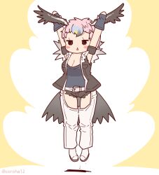 Rule 34 | 1girl, arms up, belt, bird girl, bird tail, bird wings, boots, coroha, feathered wings, fingerless gloves, full body, gloves, head wings, jacket, jumping, kemono friends, lappet-faced vulture (kemono friends), looking at viewer, pants, pink hair, shirt, short hair, shorts, simple background, sleeveless, solo, tail, wings, yellow background