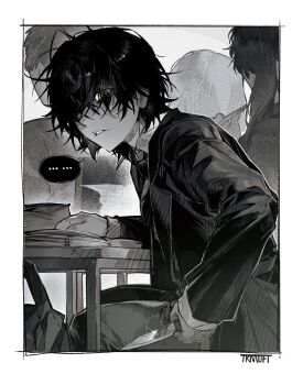 1boy book border degrees_of_lewdity desk green_eyes greyscale hair_between_eyes hair_over_one_eye hanstrmoft highres holding holding_knife jacket knife kylar_(degrees_of_lewdity) kylar_(male)_(degrees_of_lewdity) long_sleeves looking_at_viewer male_focus messy_hair monochrome pants school_desk shaded_face signature simple_background sitting sparkle spot_color