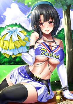 10s 1girl :d alternate_costume arm_support bare_shoulders belt beret black_hair black_thighhighs blush breasts can character_name cheerleader cleavage cloud collarbone crop_top crop_top_overhang day elbow_gloves female_focus gloves groin hat kantai_collection large_breasts looking_at_viewer md5_mismatch midriff miniskirt navel open_mouth outdoors pom_pom_(cheerleading) red_eyes shibata_rai sitting skirt sky sleeveless smile solo stomach sunlight takao_(kancolle) thighhighs tree under_tree underboob white_gloves