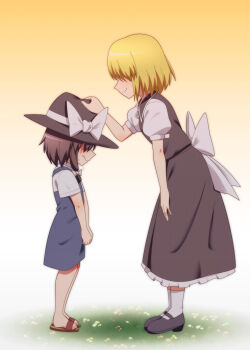 2girls aged_down back_bow black_dress black_shoes blonde_hair blue_dress bow brown_hair collared_shirt commentary_request commission covered_eyes crying dress fedora frilled_dress frills full_body gradient_background grass hair_bow hand_on_another&#039;s_headwear hat hat_bow hat_ribbon highres jeno leaning_forward mary_janes medium_hair multiple_girls no_eyes no_headwear one_piece parody ribbon sandals shirt shoes short_sleeves skeb_commission smile socks touhou touhou_(pc-98) usami_renko white_bow white_ribbon white_shirt white_socks yellow_background yuki_(touhou)