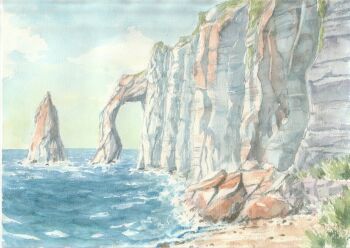 cliff commentary_request day france horizon landscape no_humans ocean original outdoors painting_(medium) paruperu real_world_location scenery shore sky traditional_media watercolor_(medium)