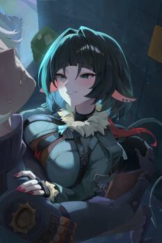 1boy 1girl absurdres animal_ear_piercing animal_ears ass black_gloves black_hair black_pantyhose black_shorts breasts chowol commentary fingerless_gloves gloves grabbing_from_behind grey_jacket grin hetero highres jacket jane_doe_(zenless_zone_zero) large_breasts mouse_ears mouse_tail multicolored_hair necktie pantyhose police police_badge police_uniform red_hair red_nails seth_lowell short_hair shorts smile tail two-tone_hair two-tone_necktie white_hair zenless_zone_zero