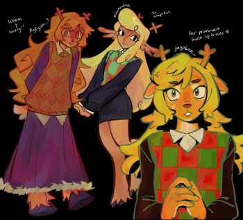 1girl animal_ears antlers black_eyes black_skirt blonde_hair borrowed_design brown_fur checkered_clothes checkered_sweater_vest collared_shirt commentary deer_antlers deer_ears deer_girl deltarune english_commentary english_text furry furry_female goomyloid green_eyes green_sweater_vest highres hooves horns long_hair multiple_views noelle_holiday shirt skirt sweater_vest utdr_(toby_fox) white_shirt