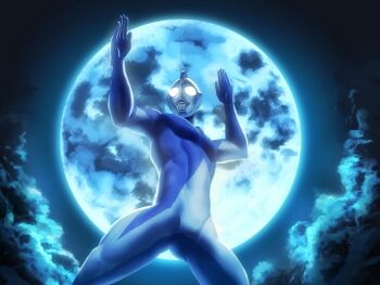 1boy alien blue_skin color_timer colored_skin commentary_request from_below fsm78 full_moon giant glowing glowing_eyes moon multicolored_skin muscular muscular_male night outdoors silver_skin solo tokusatsu ultra_series ultraman_cosmos ultraman_cosmos_(luna_mode) ultraman_cosmos_(series) white_eyes