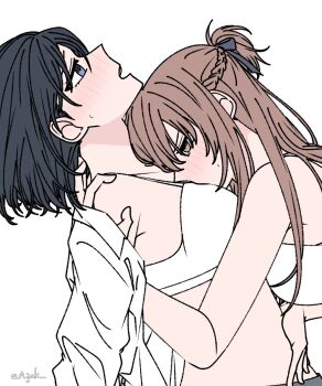 2girls a_jak black_hair blue_eyes blush bra brown_eyes brown_hair hand_on_another&#039;s_shoulder highres kissing_breast long_hair medium_hair miyagi_shiori multiple_girls open_clothes open_mouth open_shirt sendai_hazuki shirt shuuniichido_classmate_wo_kau_hanashi simple_background underwear white_background white_bra white_shirt yuri