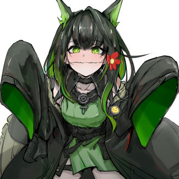 1girl absurdres arknights black_coat black_hair closed_mouth coat colored_inner_hair commentary dress emoji flower green_dress green_eyes green_hair hands_up highres light_blush long_hair looking_at_viewer mon3tr_(arknights) mouth_hold multicolored_hair off_shoulder red_flower short_dress simple_background sleeves_past_fingers sleeves_past_wrists smile solo white_background xing_wen
