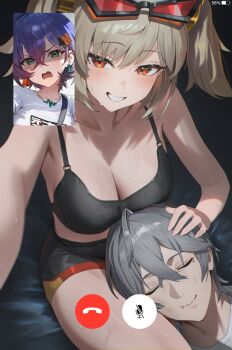 1boy 2girls belle_(summer_skies)_(zenless_zone_zero) belle_(zenless_zone_zero) blonde_hair blue_hair blush breasts burnice_white cleavage eyewear_on_head green_eyes grey_hair hair_between_eyes hair_ornament highres lap_pillow mole mole_under_eye multiple_girls official_alternate_costume open_mouth red-tinted_eyewear red_eyes short_hair shuraillusts sunglasses sweat tinted_eyewear twintails video_call wise_(zenless_zone_zero) zenless_zone_zero