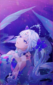 Rule 34 | 1girl, absurdly long hair, arm cutout, bare shoulders, blue dress, blue gemstone, blue pupils, bright pupils, circlet, clothing cutout, collar, commentary, constellation, crossed bangs, detached collar, dress, elbow gloves, expressionless, eyelashes, fingerless gloves, floating hair, flower, frilled collar, frills, gem, gloves, hair flower, hair ornament, hashtag-only commentary, high collar, highres, leaning back, lipstick, long hair, looking ahead, makeup, nikki (series), parted bangs, parted lips, pink lips, purple background, purple eyes, purple flower, purple theme, reean, shining nikki, sleeveless, sleeveless dress, solo, space, star (sky), stone of a neon dream (shining nikki), tiara, twintails, upper body, very long hair, wavy hair, white collar, white gloves, white hair