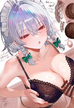 Rule 34 | 1boy, 1girl, absurdres, bar censor, black bra, bra, braid, breasts, censored, grey hair, hetero, highres, izayoi sakuya, large breasts, maid headdress, paizuri, penis, perpendicular paizuri, red eyes, suujiniku, touhou, translation request, twin braids, underwear