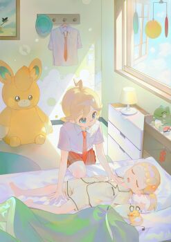 1boy 1girl absurdres alternate_costume barefoot bed blonde_hair bonnie_(pokemon) brother_and_sister character_doll clemont_(pokemon) collared_shirt commentary_request day dedenne doll drawer gen_4_pokemon gen_6_pokemon hat highres korean_commentary lying necktie nintendo on_back on_bed orange_necktie orange_shorts pillow poke_ball poke_ball_(basic) pokemon pokemon_(anime) pokemon_(creature) pokemon_xy_(anime) pokesudal rotom rotom_phone school_uniform shirt shorts siblings substitute_(pokemon) unworn_hat unworn_headwear unworn_shirt window yellow_shirt yellow_shorts