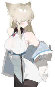 1girl absurdres animal_ears arknights arknights:_endfield bare_shoulders bird_ears bird_girl black_pantyhose closed_eyes coat commentary coteri dress grey_hair highres long_hair off_shoulder open_clothes open_coat pantyhose perlica_(arknights) profile simple_background sleeveless sleeveless_dress solo white_background white_coat white_dress