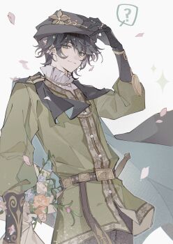 1boy ? aqua_cape belt black_cape black_gloves black_hair black_hat black_pants blue_flower blue_rose bouquet brown_belt brown_trim cape cherry_blossoms cowboy_shot earrings emil_(identity_v) emil_(romeo)_(identity_v) falling_petals floating_hair flower frilled_shirt_collar frills gloves green_eyes green_tunic hand_on_headwear hat highres holding holding_bouquet identity_v jewelry looking_at_viewer male_focus official_alternate_costume orange_flower orange_rose pants petals puffy_sleeves ring rose shirt solo spoken_question_mark tunic two-tone_cape white_flower white_rose white_shirt yue_(shemika98425261)