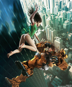 2girls aerial_battle ass barefoot battle black_hair brown_hair building city claws damaged dimples_of_venus epic falling feet fingerless_gloves gloves legs long_hair monster_girl multiple_girls original panties photorealistic powered_exoskeleton randis realistic scar soles stitched_arm stitches toes underwear