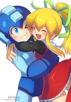 1girl android armor ayla_kazemi biometal blonde_hair blue_armor blue_eyes blue_helmet commentary english_commentary helmet highres mega_man_(character) mega_man_(series) robot robot_ears robot_girl