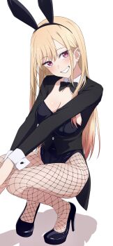 1girl absurdres animal_ear_hairband animal_ears barbell_piercing black_bow black_bowtie black_leotard black_shoes blonde_hair bow bowtie breasts cleavage ear_piercing earrings fake_animal_ears fishnet_pantyhose fishnets grin hairband high_heels highleg highleg_leotard highres industrial_piercing jewelry kitagawa_marin large_breasts leotard long_hair long_sleeves looking_at_viewer multiple_piercings na-suke pantyhose piercing playboy_bunny rabbit_ear_hairband rabbit_ears red_eyes shoes smile solo sono_bisque_doll_wa_koi_wo_suru squatting swept_bangs tailcoat white_wrist_cuffs wrist_cuffs