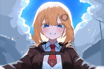1girl blonde_hair blue_eyes blue_sky blush bob_cut breasts brown_jacket cloud cloudy_sky collared_jacket collared_shirt commentary crying crying_with_eyes_open day dot_nose from_below hair_between_eyes hair_ornament hololive hololive_english jacket long_sleeves looking_at_viewer medium_breasts medium_hair necktie open_mouth outdoors power_lines raised_eyebrows red_necktie shirt short_necktie sky smile solo swept_bangs teardrop tears upper_body virtual_youtuber watson_amelia watson_amelia_(1st_costume) white_shirt wingcat