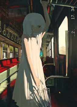 1girl arm_up black_eyes closed_mouth closed_umbrella dress hand_grip holding holding_umbrella long_hair original sleeveless sleeveless_dress solo standing sundress train_interior transparent transparent_umbrella umbrella utwob0 vhs_artifacts white_dress white_hair