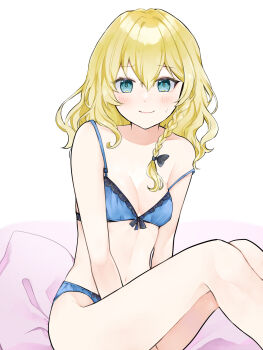 1girl alternate_costume bed_sheet blonde_hair blue_bra blue_eyes blue_panties blush bow bow_bra bra braid breasts cleavage closed_mouth commentary_request embarrassed hair_between_eyes highres kirisame_marisa legs looking_at_viewer medium_hair minatsuki_yurara navel no_headwear panties sitting small_breasts smile solo sweatdrop thighs touhou underwear white_background